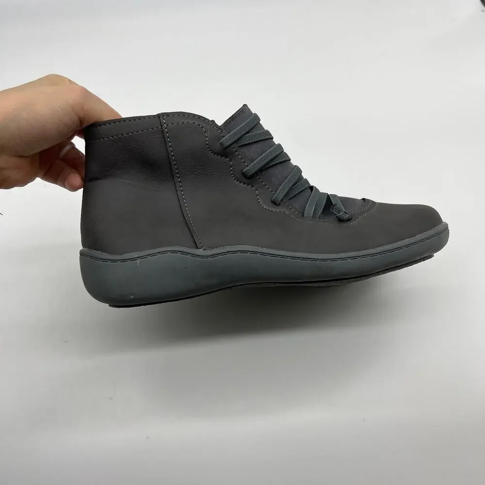Women's Grey Leather Ankle Bootie - Casual Comfort